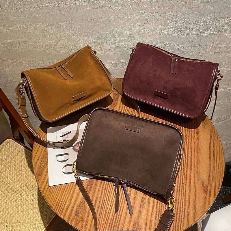Retro Women Genuine Suede Cowhide Leather Crossbody Large Capacity Soft Wearable Cow Shoulder Travel Bag With Double Zipper