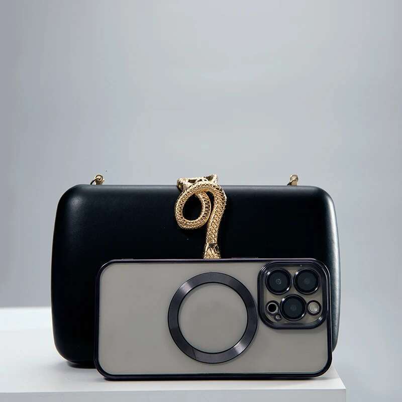 Classic Black Imitation Sheepskin PU Square Metal Snake Head Clutch Bag Can Be Worn Cross-Body, Suitable For Parties, Banquets,