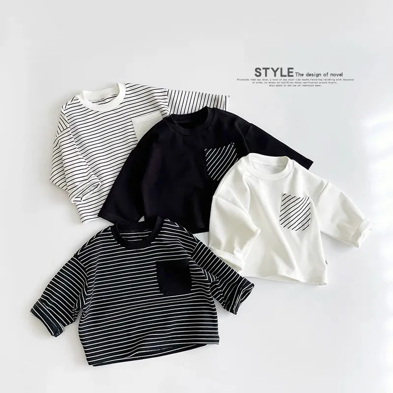 Trendy Striped Tshirt Fashion Versatile Casual Loose Round Neck Tees n Long Sleeve Solid Color Tops 250528