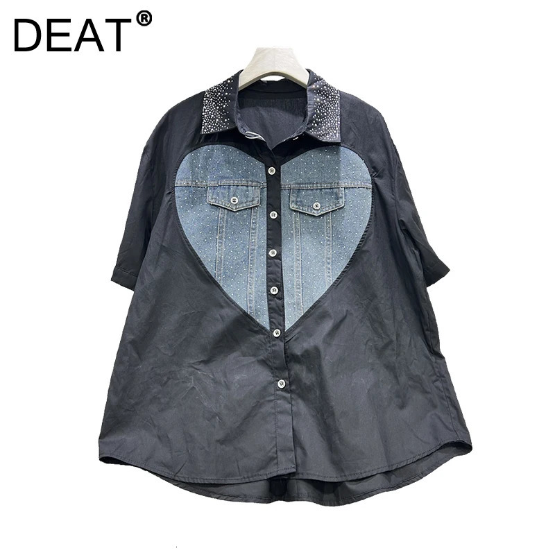 DEAT Women Shirt Loose Patchwork Denim Heart Rhinestone Single Breasted Short Sleeve Blouse Summer 2025 Fashion 29A1098 250523