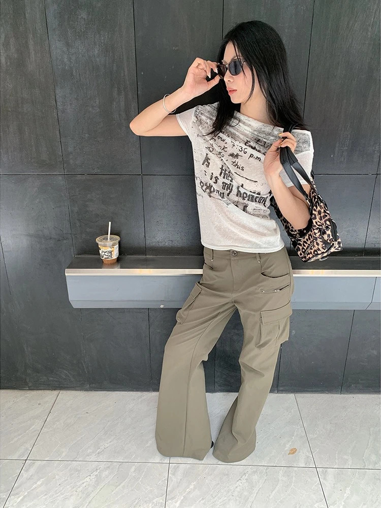 Letter Printing Oblique Shoulder Short Sleeve Tshirt Women Summer American Style Versatile Tops Lady Simple Slim Thin 250517