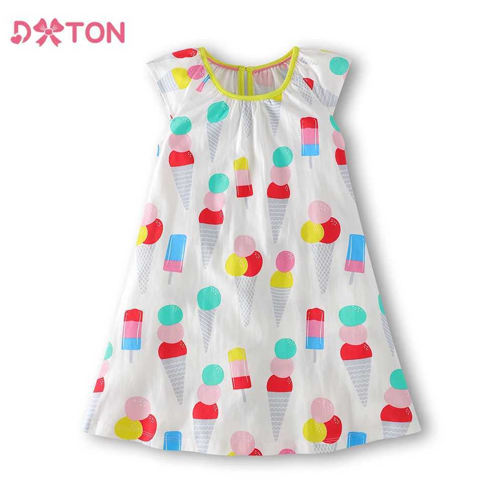 DXTON Girls Summer Dress Kids Flare Sleeve Ice Cream Print Cartoon Dresses Kids Casual Cotton Vestidos Kids Costumes Clothes X250528