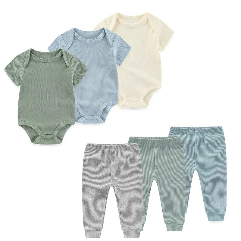 6PCS Cotton born Baby Girl Clothes Solid Color BodysuitsPants Sets Summer Cartoon Boy Print Bebes 250528