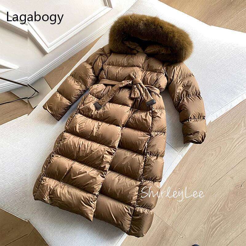 Lagabogy 2025 Winter Women 90% White Duck Down Jackets Ultra Light Warm Long Parkas Real Fox Fur Collar Female Hooded Snow Coats
