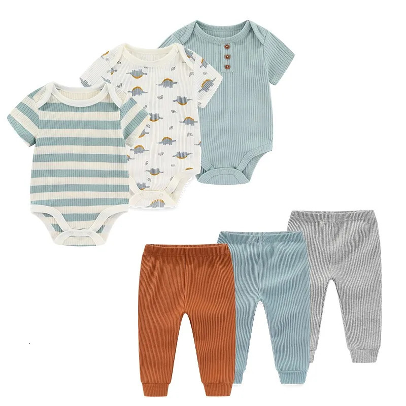 6PCS Cotton born Baby Girl Clothes Solid Color BodysuitsPants Sets Summer Cartoon Boy Print Bebes 250528