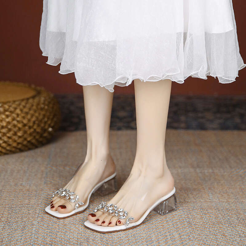 Women's Sandals 2025 Summer New Trendy Outdoor Transparent Rhinestone Elegant Fairy One-Strap High Chunky Heels