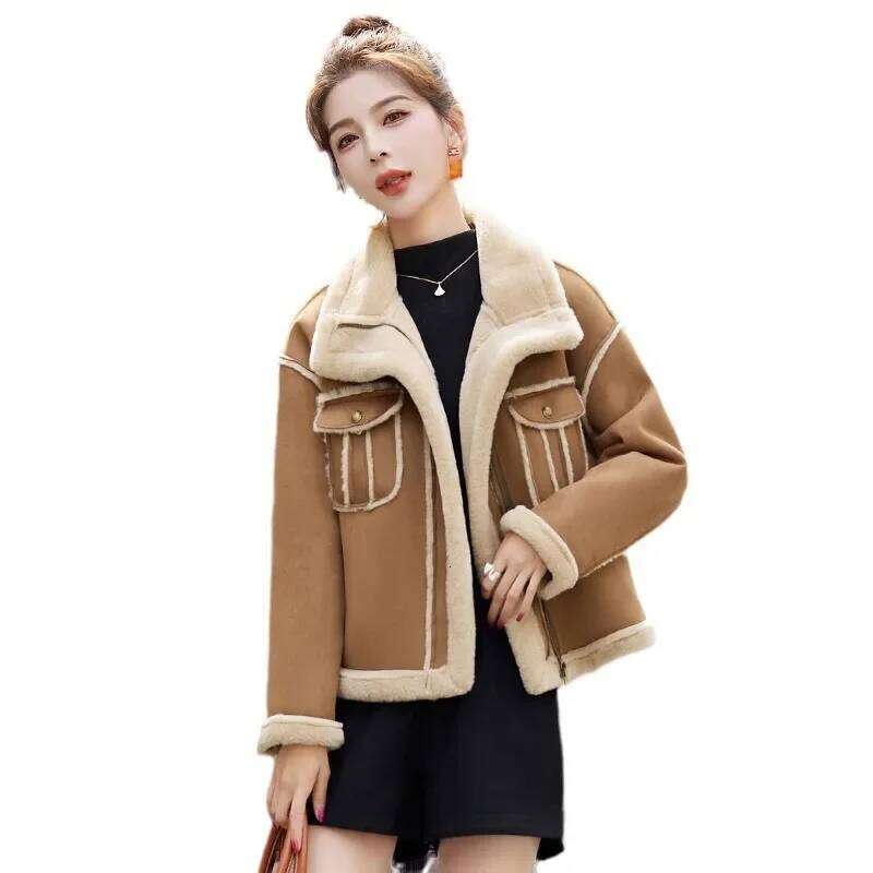 Women's Winter Thickened Lamb Jacket Deer Skin Veet Biker Style Coat Integrated Leather And Fur Short Outerwear