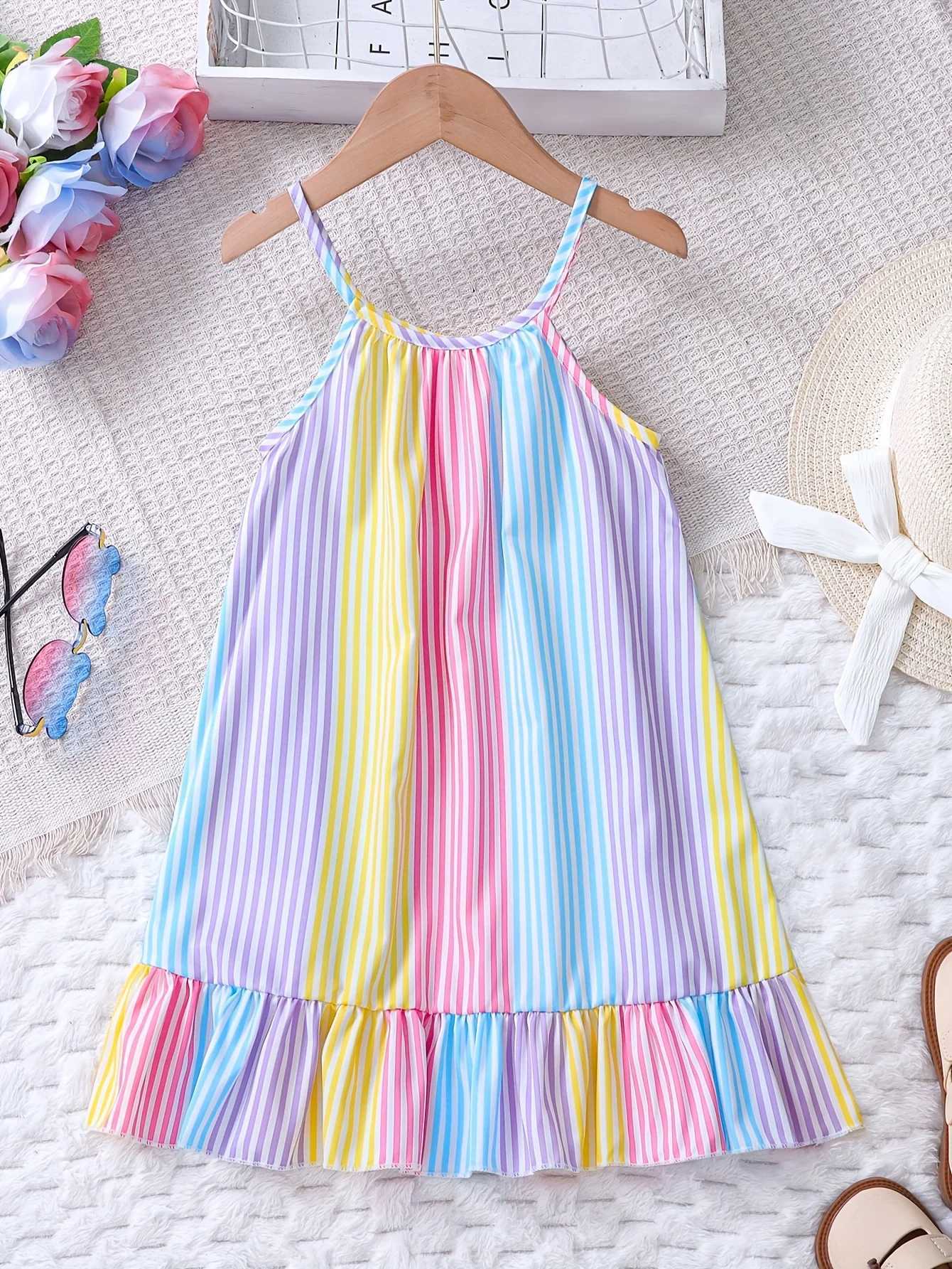 Girls Summer Colorful Striped Ruffle Hem Dress Childrens Summer Vacation Beach Play Suspender Dress X250528