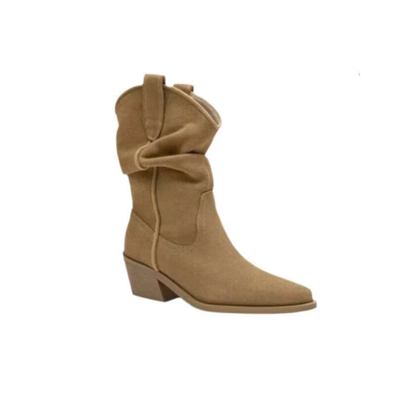 Zhao Lusi Style Slouch Suede Pointed Toe Chunky Heel Western Cowboy 2024 Mid-Calf Martin Women's Short Boots