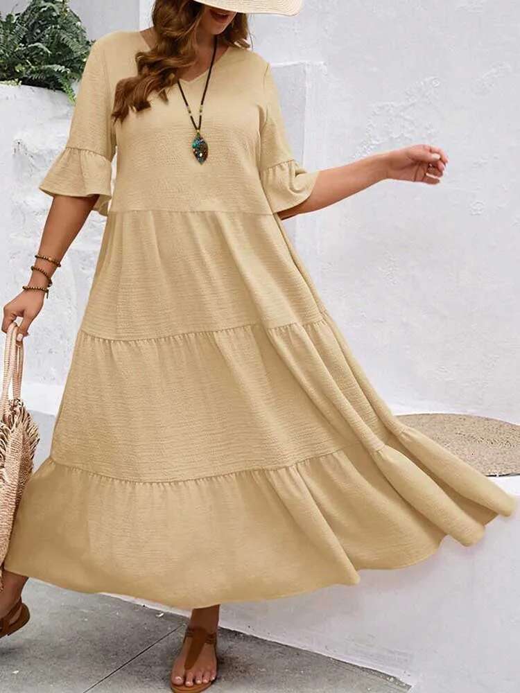 Summer Dresses for Plus Size Women Solid Color Bohemian Dress Maxi Elegant Fashion Fit and Flare Dresses Wholesale Dropshipping