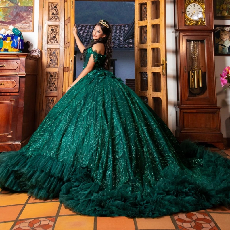 Blackish Green Shiny Quinceanera Dresses Off Shoulder Ball Gown Sweet 16 Dress Beading Crytal Tiered Tull Birthday Party Vestidos 15 De Anos