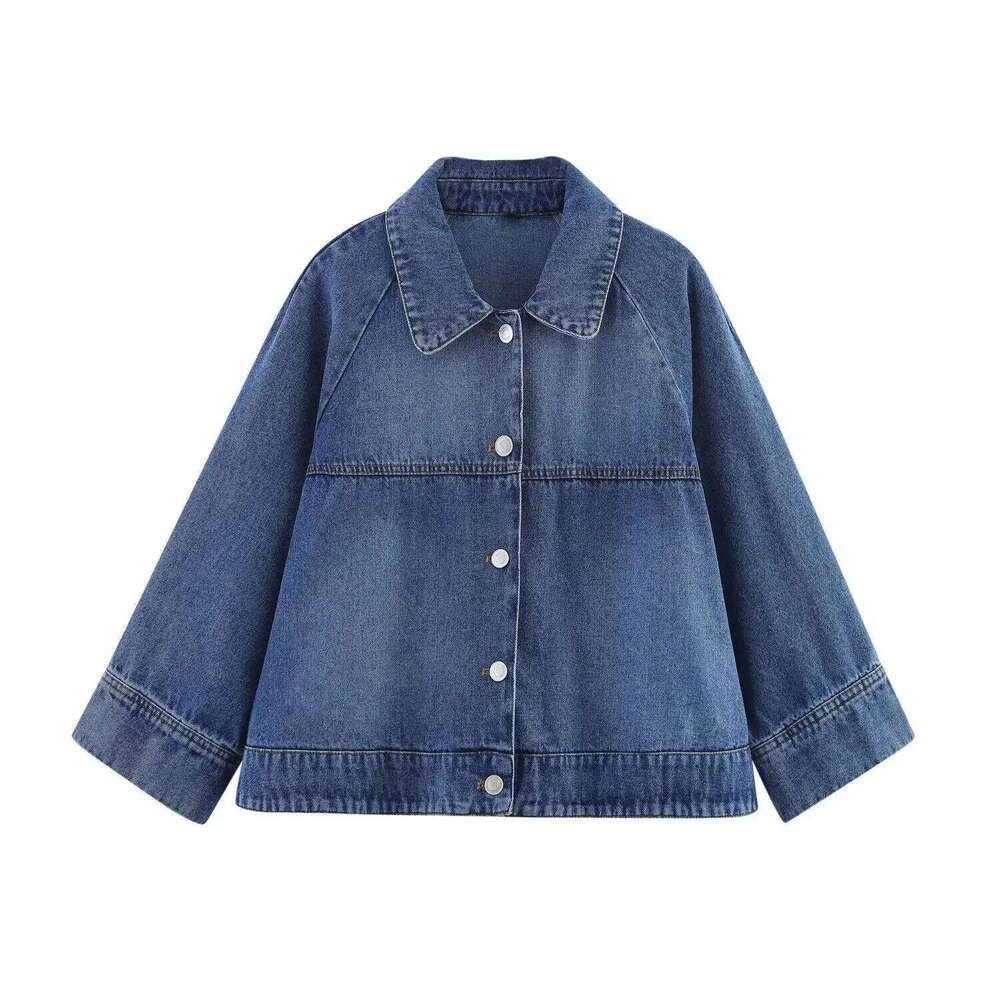 ZBZA Women's Classic Denim Lapel Long Sleeve Single Breasted Loose Hem Top Spring and Summer New Casual Fashion Jacket