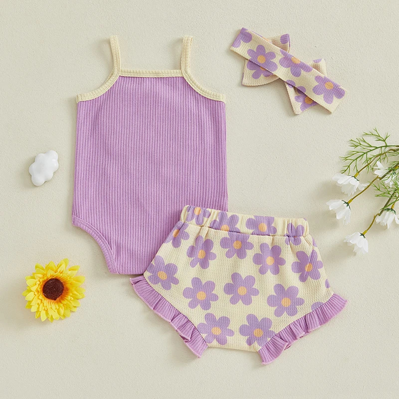 Toddler Girl Summer Outfit Floral Embroidered Sleeveless Bodysuit Elastic Waist Ruffle Shorts Headband 3 Piece Set for Baby 250528