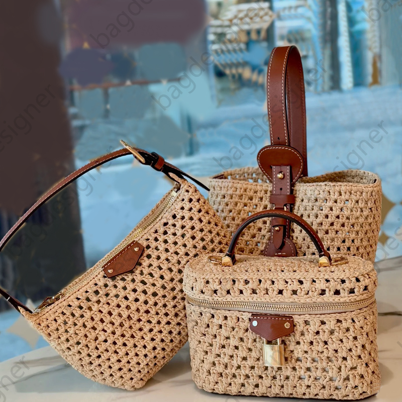 Straw designer bag summer beach bag purses tote bag zipper cosmetic bag lafite grass weaving bucket bags designer women bag shoulder designer hand bag high quality
