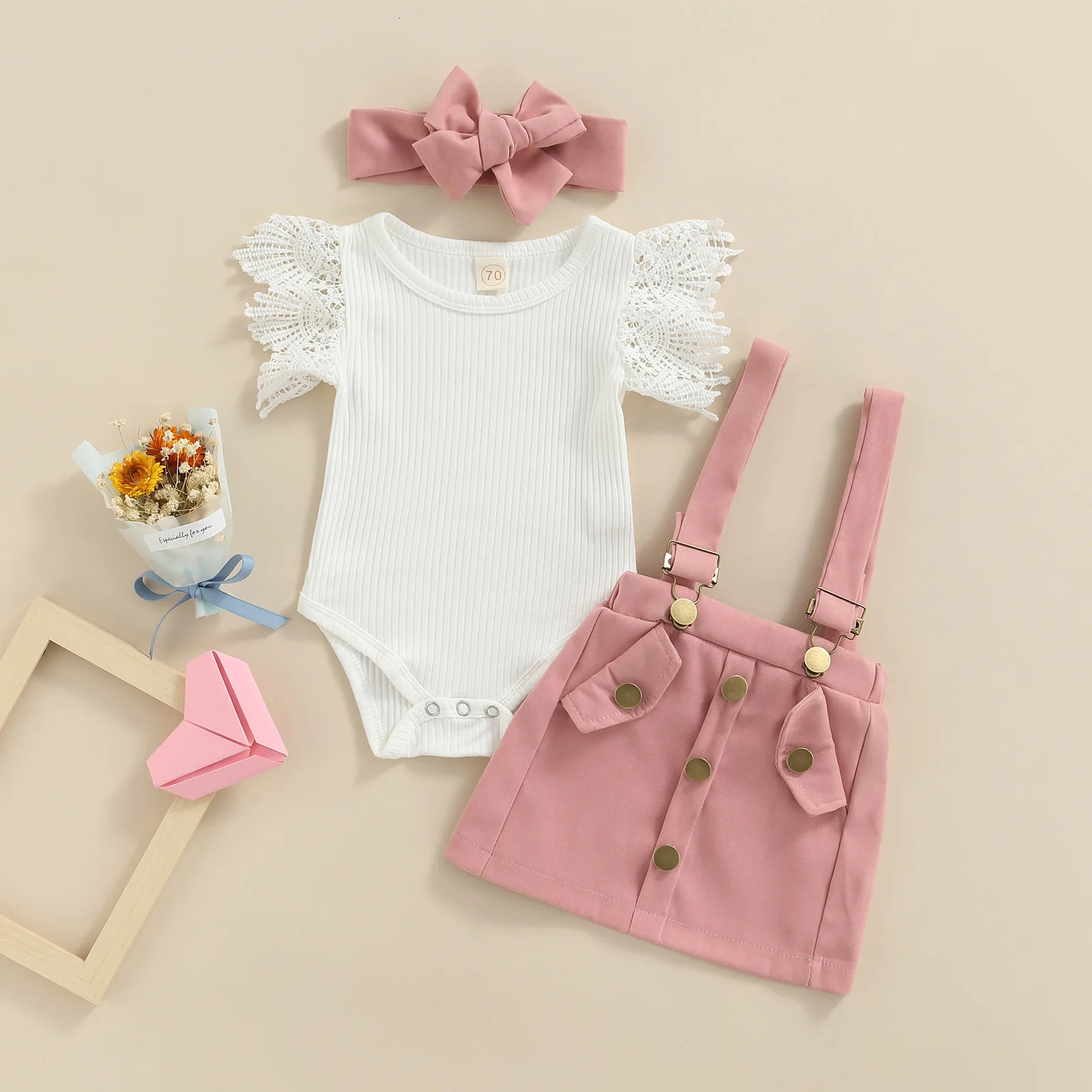 Citgeett Summer Infant Baby Girls Outfit Sets White Flying Sleeve Ribbed Romper Solid Suspender Skirt Headband Clothes 250528
