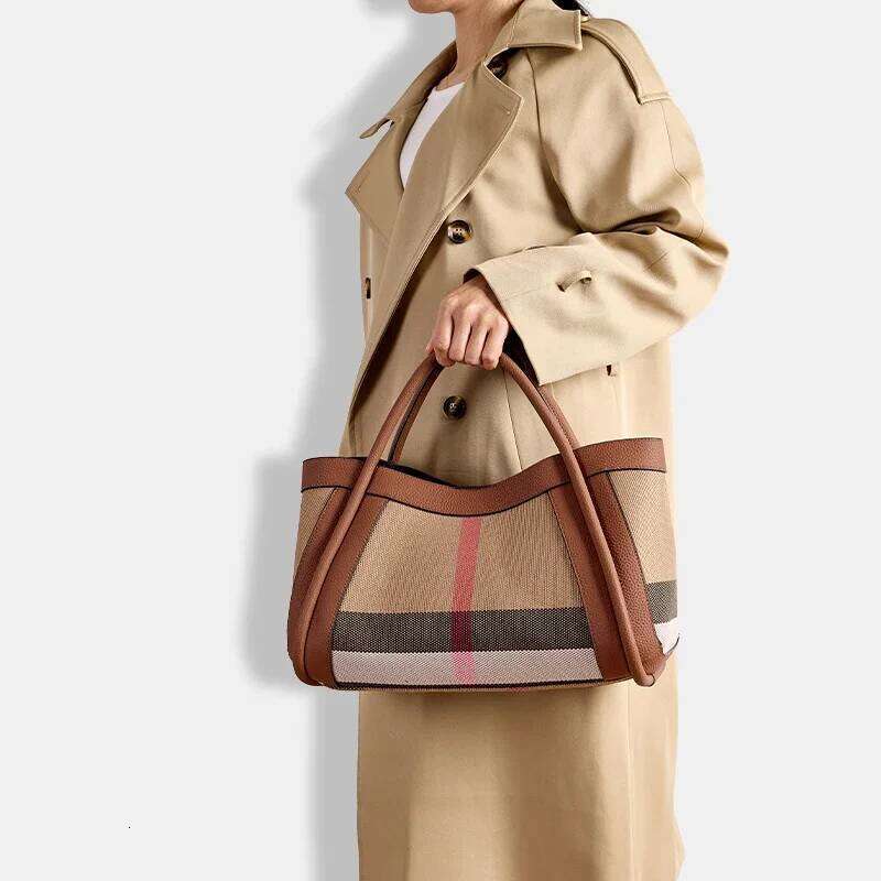 Stripes Tote Handbag Crossbody Canvas Genuine Leather Women's Bags Large Retro Checkered Shoulder Messenger Bag