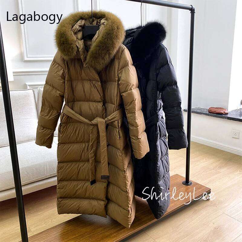 Lagabogy 2025 Winter Women 90% White Duck Down Jackets Ultra Light Warm Long Parkas Real Fox Fur Collar Female Hooded Snow Coats