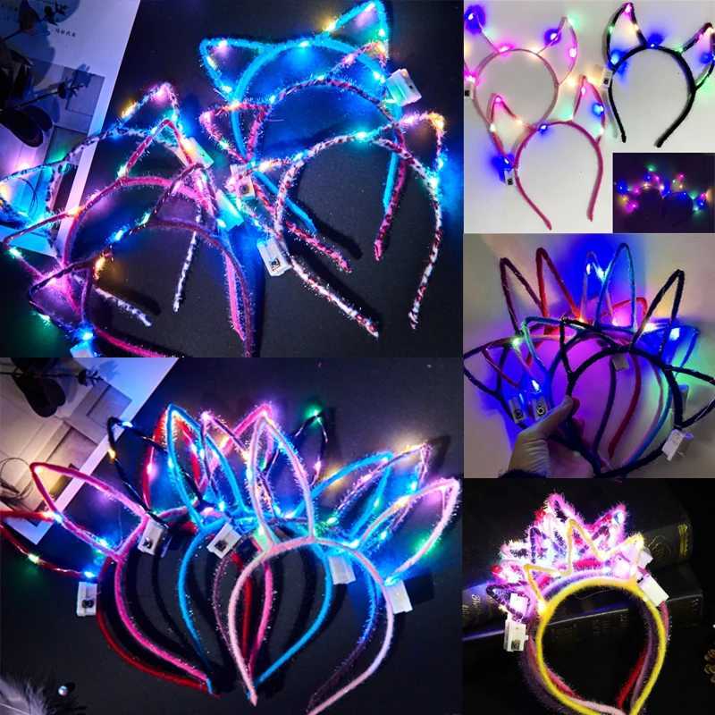 10/20/30 pcs LED Glow Cat Bunny Ear Horn Hairbands Light Up Flash Headband Women Girl LED Neon Birthday Wedding Party Supplies W250528