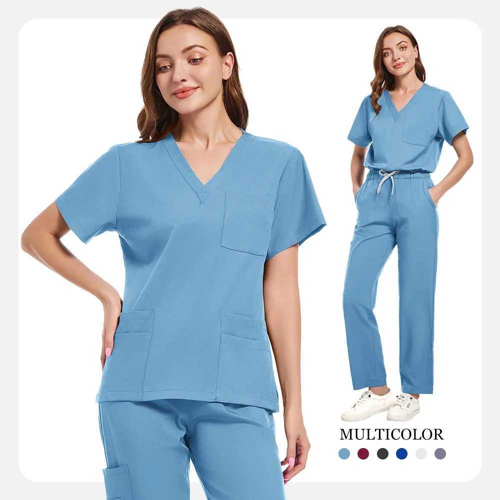 New Scrubs Set Medical Uniforms Stretch Scrub Tops With Pocket Pants Nurse Uniform Doctor Surgery Overalls Beauty Sn Workwear X2505281