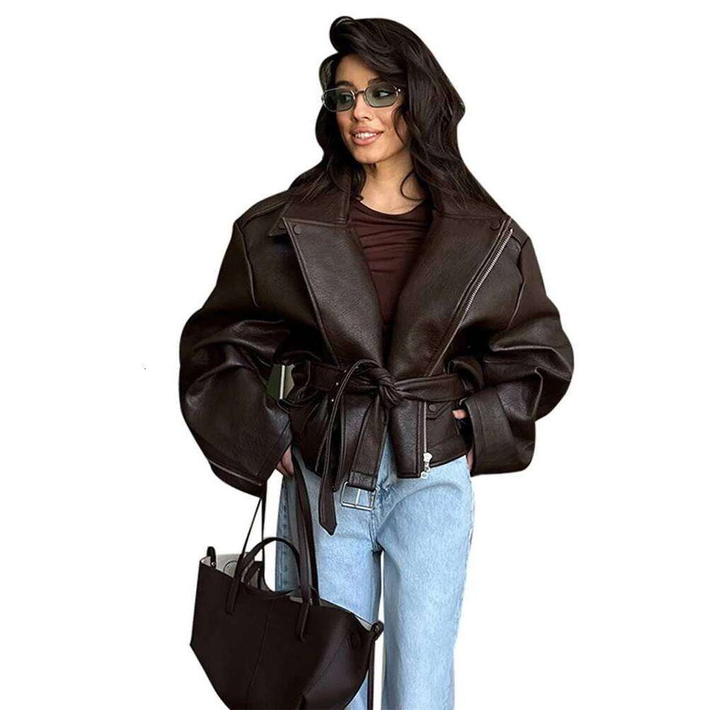 With Belt Leather Jacket Coat Lace Up Waist Cinched Suit Collar Slimming Zipper Biker Jackets Outwear Women Overcoat Streetwear