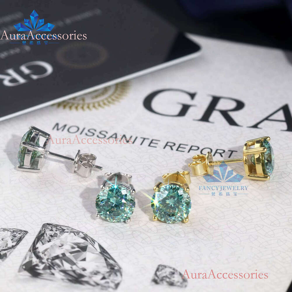 Professional Technology Sterling Sier Stud Earrings 8mm Moissanite with Round Portuguese Cut Blue-Green Fine Jewelry
