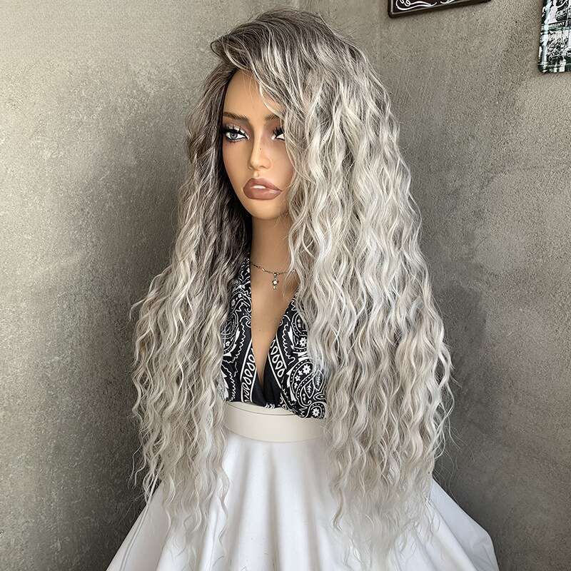 Women's wig New Latin Fashion Long Curly Hair Gradient Gray Natural Fluffy Synthetic Wig Cap 70Cm