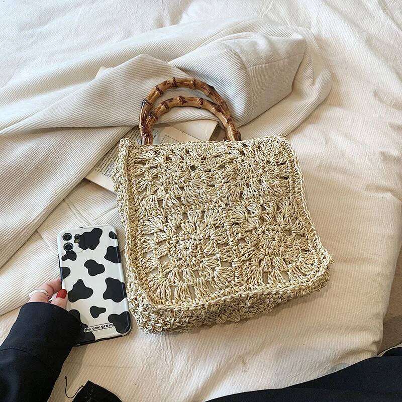 Hollow Crochet Beach Bags For Women Bamboo Handle Women's Handbags Paper Rope Knitting Clutch Bohemian Travel Tote Square Purse