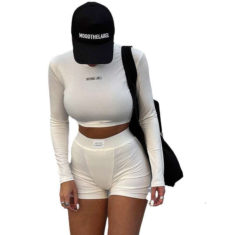 Women's INS Knitted Crew Neck Long Sleeve Solid Color T-Shirt and Shorts Set Two Pieces