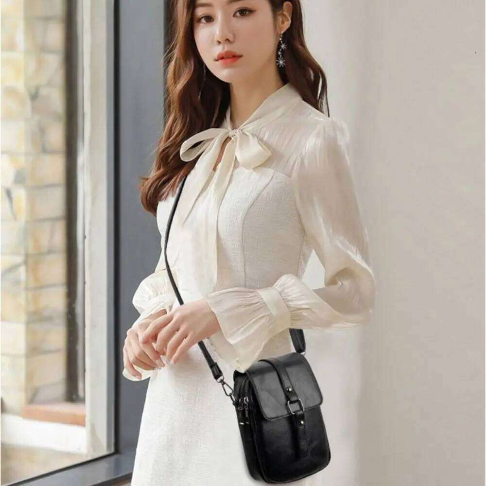 Portable Korean Style Zipper Messenger Bags Square Solid Color PU Crossbody Double Layer All-match Simple Phone Bag Travel