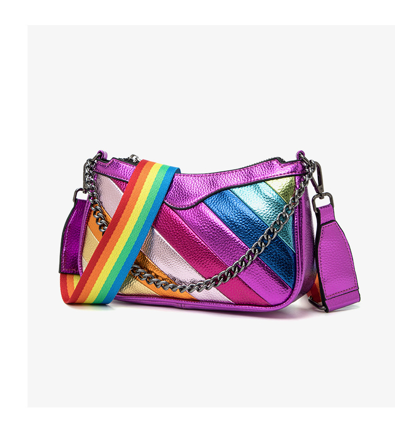 Women's Color Blocking Splicing Wide Chain Crossbody Bag Ladies PU Rainbow Handbag Ins Niche Design Adult Girls Shoulder Bag