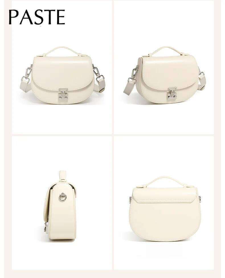 Original Design Beige Color Round Shape Saddle Flap Hard Cow Leather Women Shoulder Crossbody Bag Small