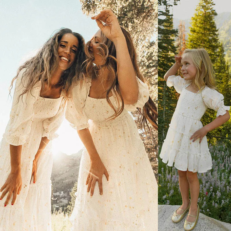 Family Matching Outfits Summer Short Sleeve Kids Dresses for Girls White Gold Star Women Dress Elegant Long Mommy Me Dress 250528
