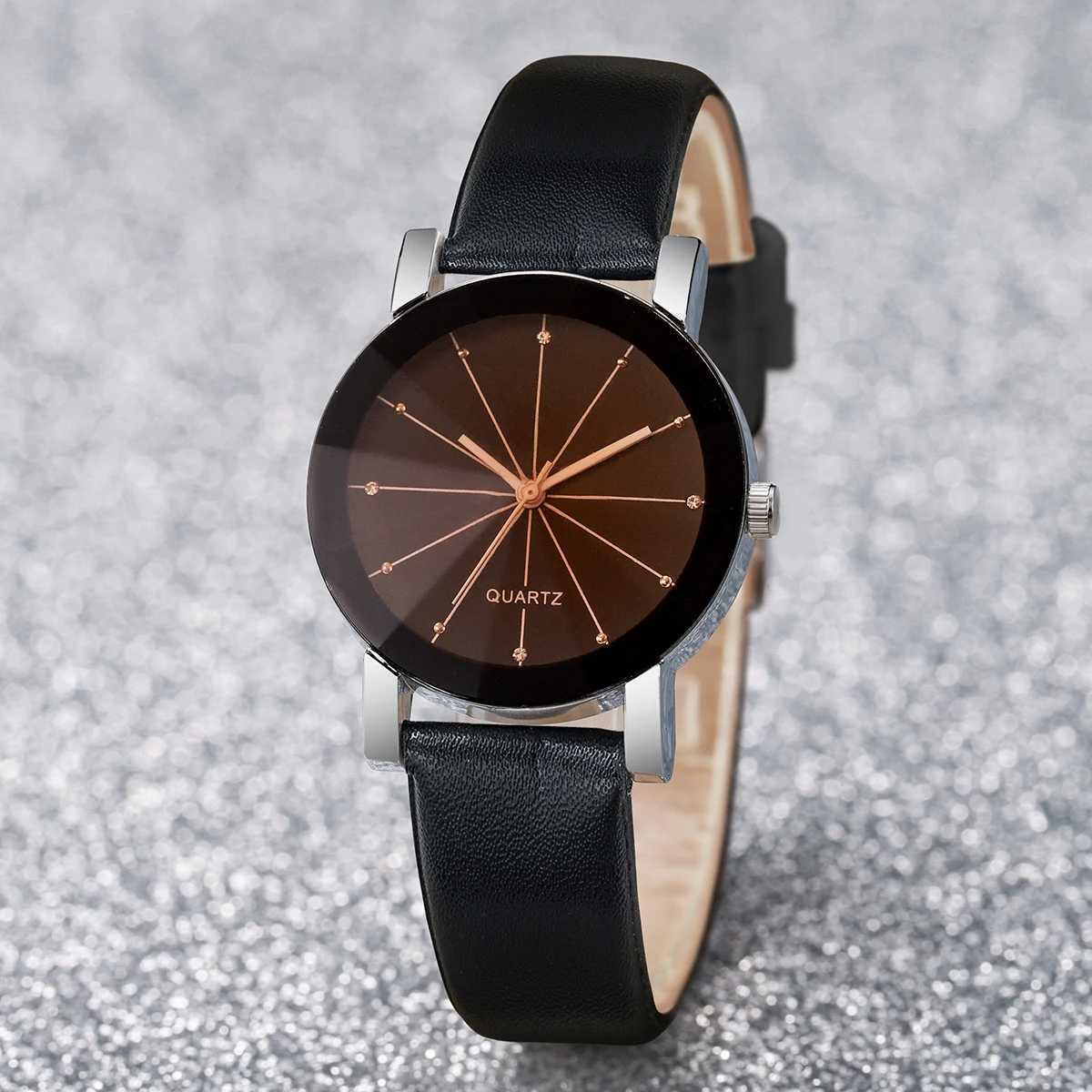 Black White 2pcs/Set Fashionable Round Shape Womens Leather Quartz Watch XJ250527