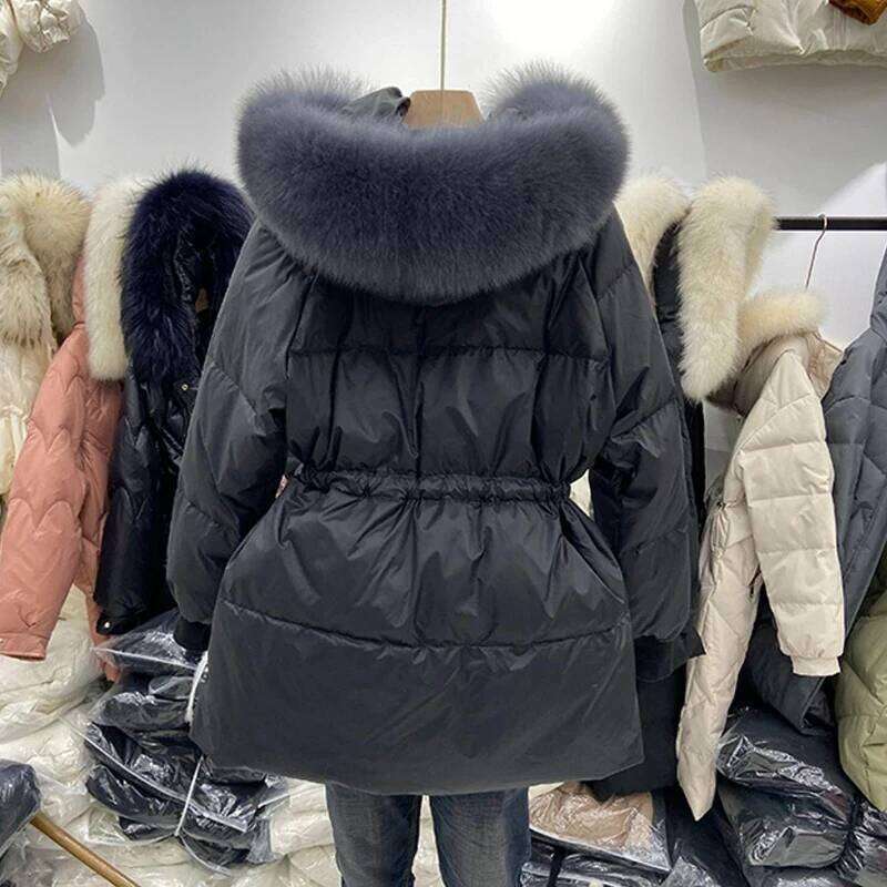 Winter Women's Down Jackets Ultra Light Warm Coat Female Jacket Woman With a Belt Hooded Parka Big Fur Collar Overcoat
