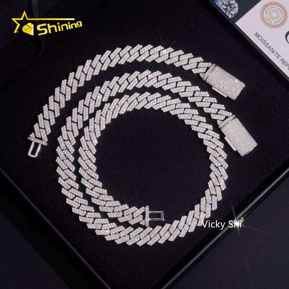 Hot Selling Hip Hop Men Necklace GRA Solid Sier 13mm Two Rows Iced Out VVS1 Moissanite Cuban Link Chain