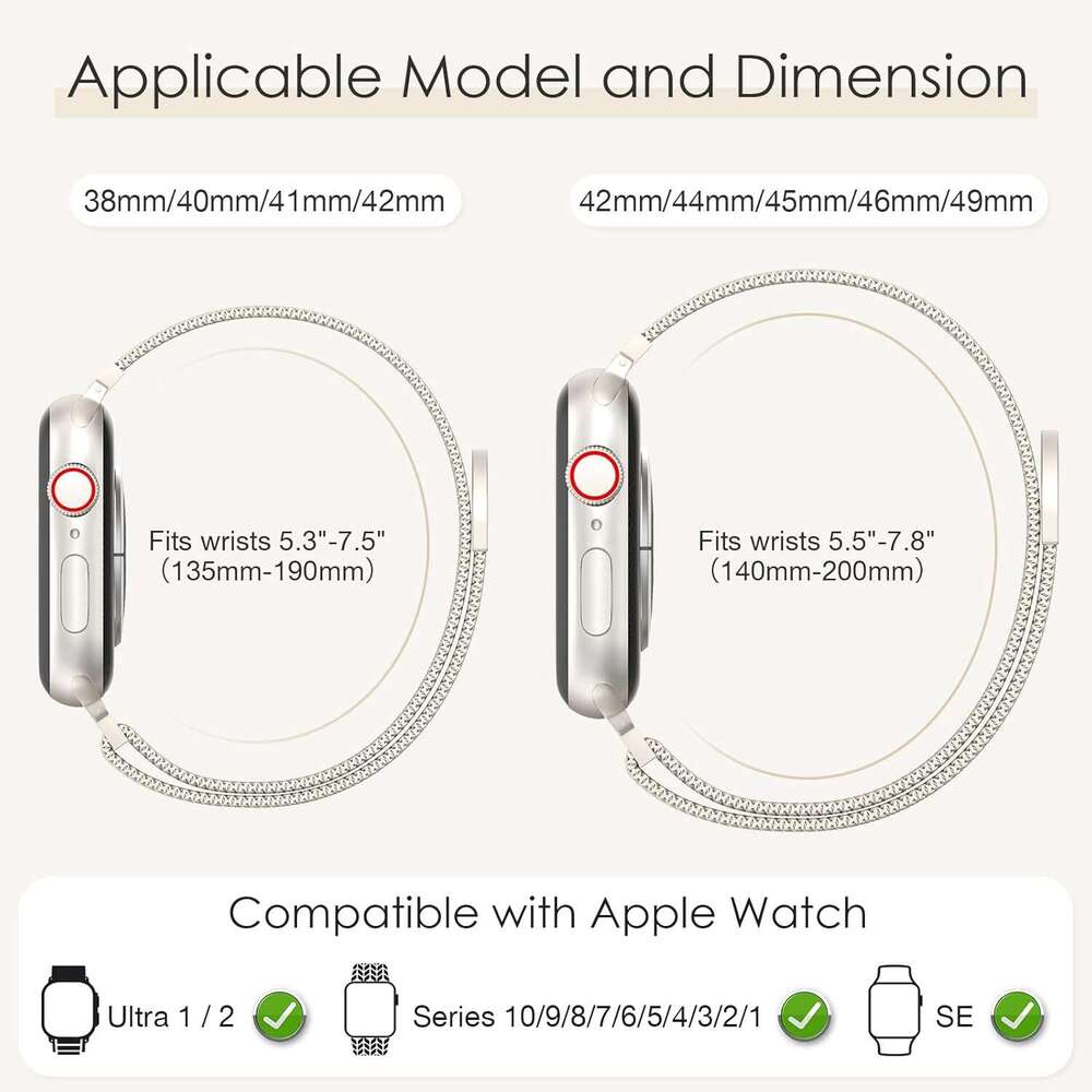 Original Loop Band Compatible with Apple Watch 38mm 40mm 41mm 42mm 44mm 45mm 46mm 49mm - Women's and Men's Magnetic Buckle Adjustable Metal 