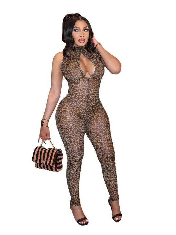 Women sexy leopard print mesh print perforated tight pants one-piece pants sleeveless women deep round neck one-piece set