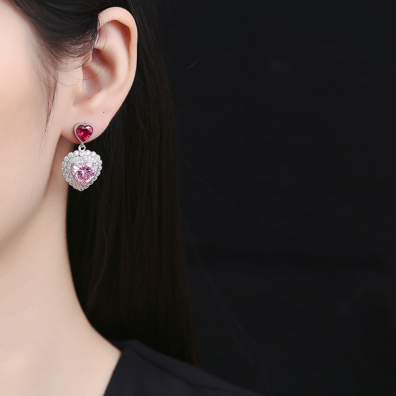 S925 Sterling Silver Heart Shaped Pink Gemstone Earrings, Elegant Drop Design, Luxury Women's Jewelry for Chic and Sophisticated Looks