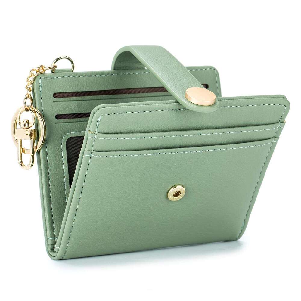 Bifold PU Leather Large Capacity Card Holder with Keychain Zipper ID Bag Multi-Card Slot Women's Ultra-Thin Wallet