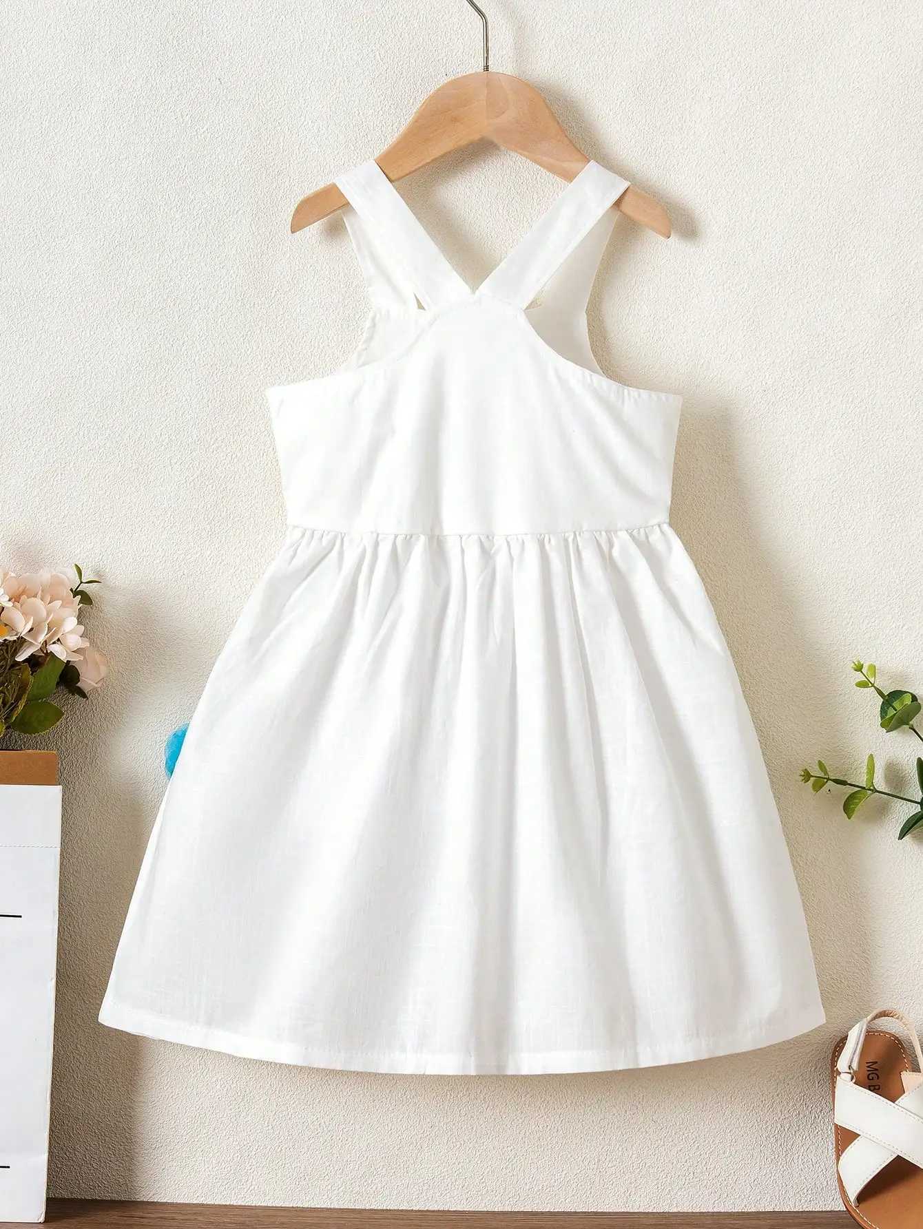 Girls Ice Cream Print Dress - White Woven Sleeveless Summer Gown with 3D Flowers Soft Outfit for Family Daily 4-7Y X250528