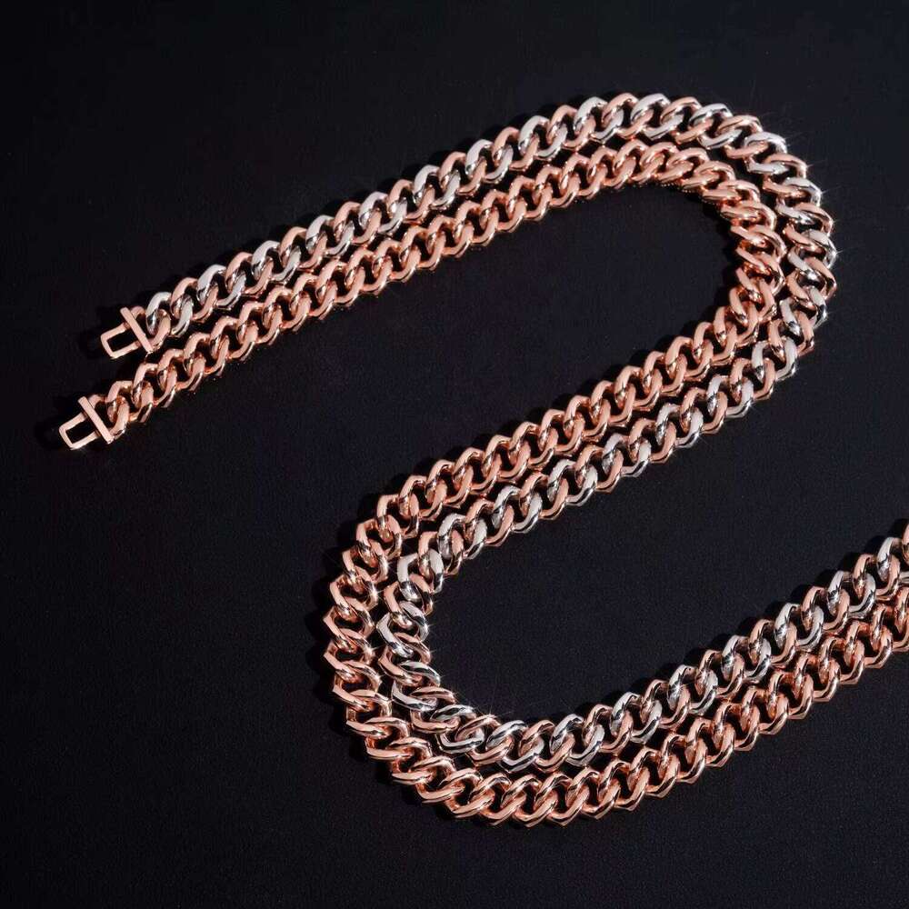 Basic Design Two Rows Iced Out VVS D Color Moissanite Dia Rose Gold Cuban Link Chain Necklace 10MM Curve Lock