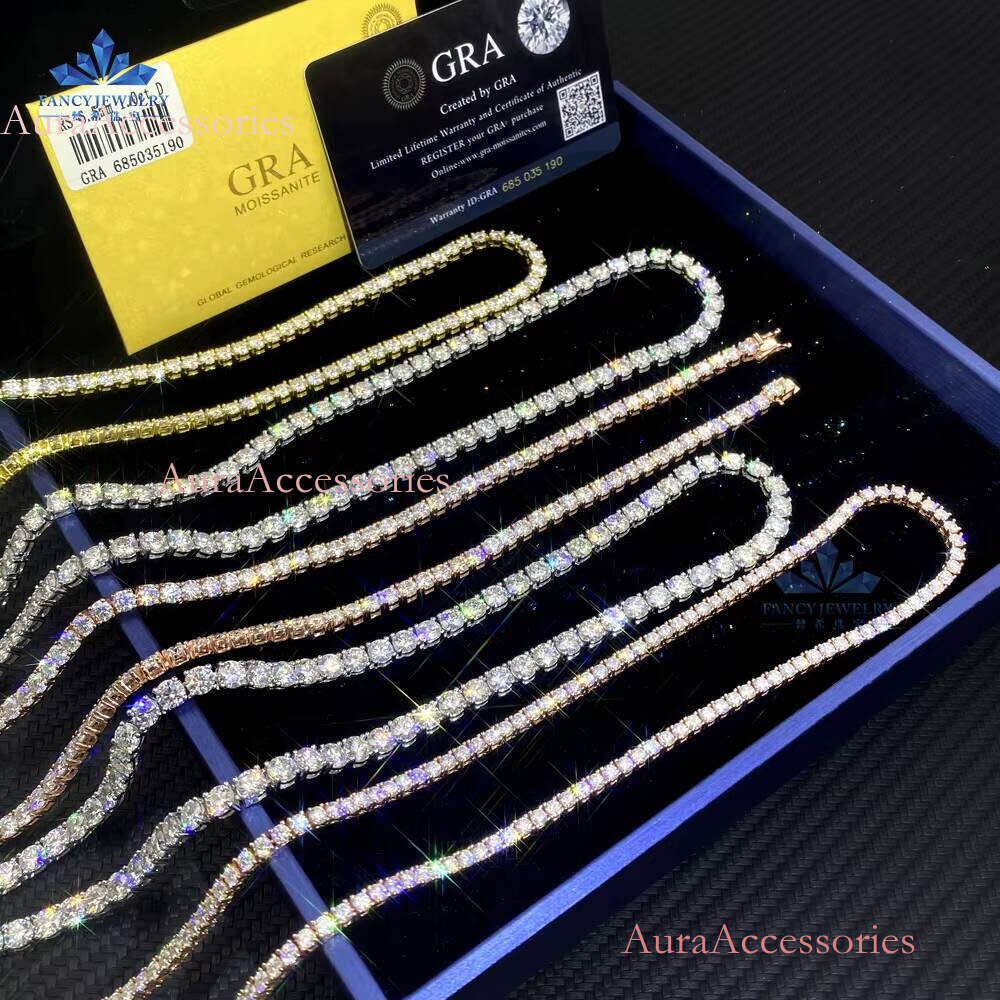 RTS Large Stock 2.0mm-5.0mm Hip Hop Sier Iced D VVS1 Moissanite Tennis Chain Necklaces Pass Dia Tester for Gift