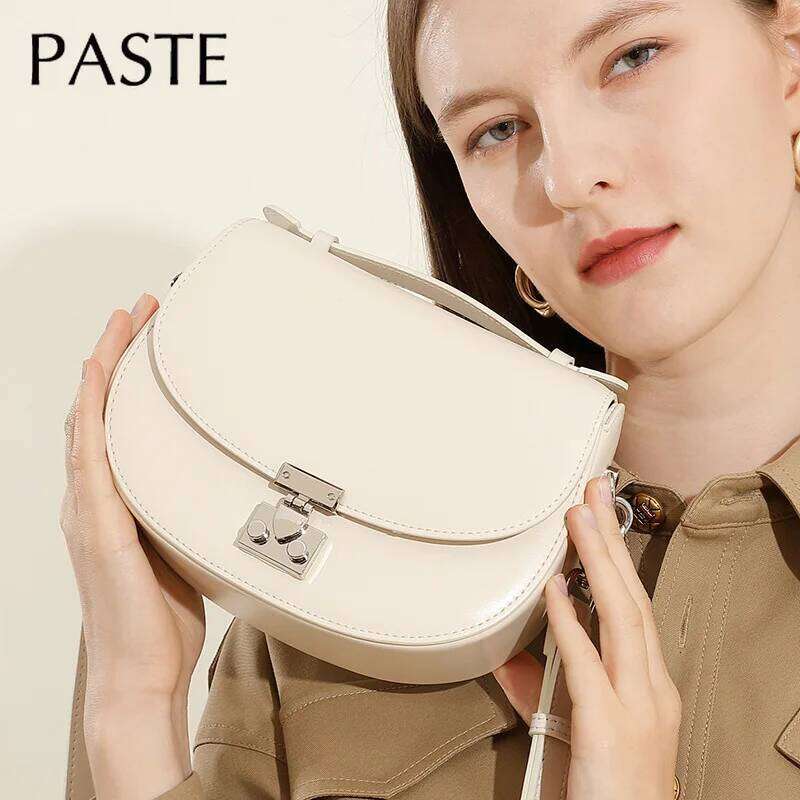 Original Design Beige Color Round Shape Saddle Flap Hard Cow Leather Women Shoulder Crossbody Bag Small