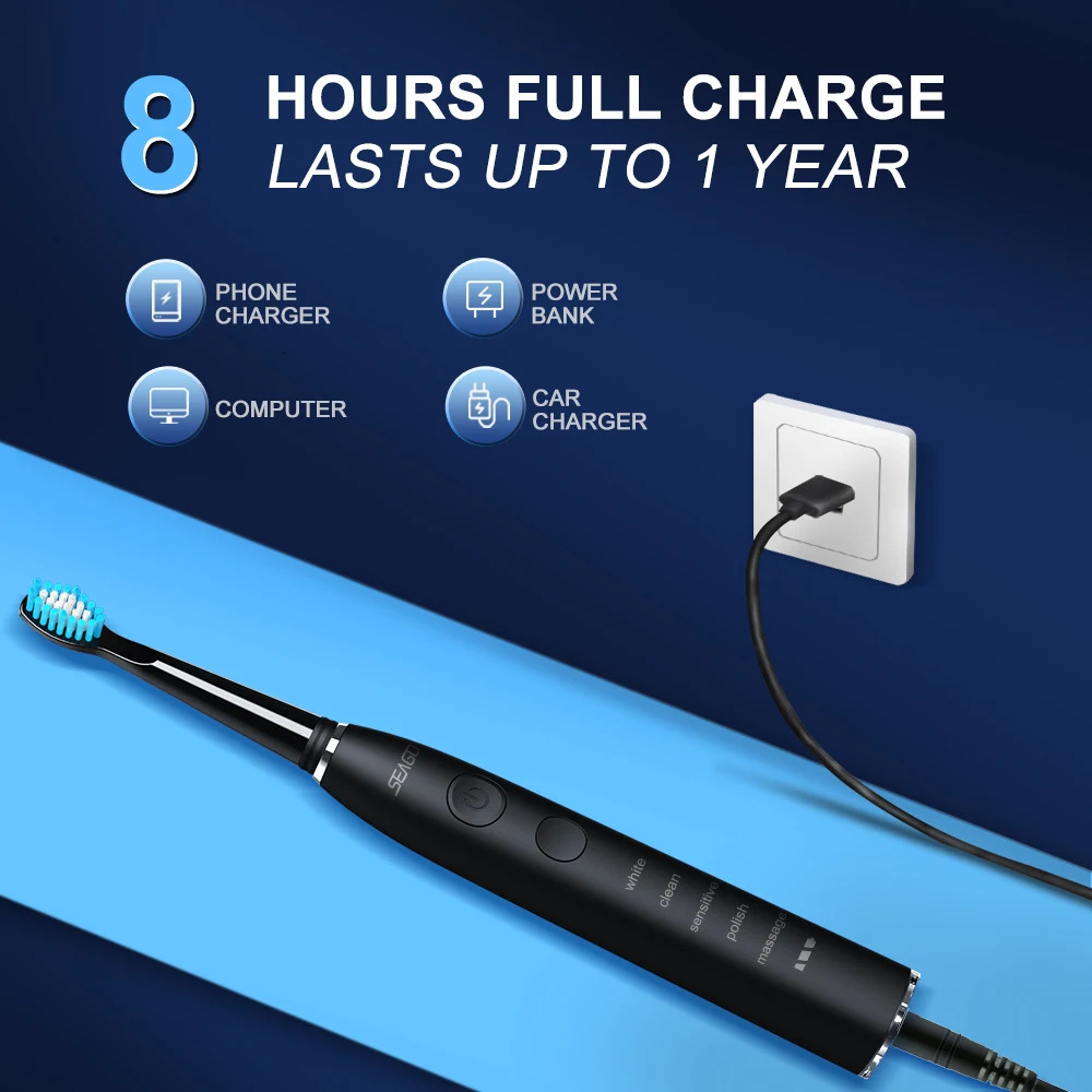 Seago Electric Sonic Toothbrush USB Rechargeable Adult 360 Days Long Battery Life IPX7 4 Replacement Heads Travel Box SG575 250519
