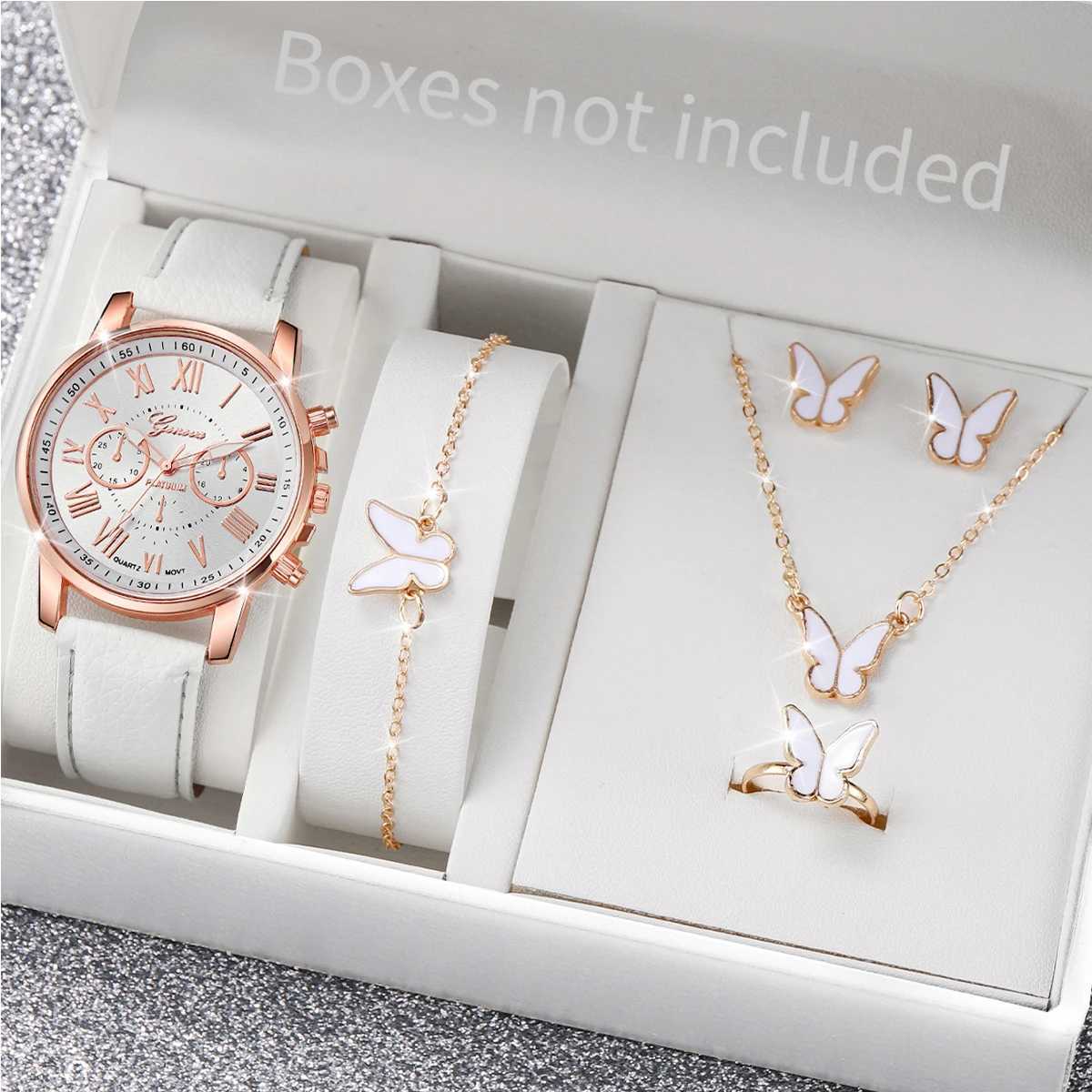 5/6PCS Fashion Womens Quartz Watch Leather Band Analog Wrist Watches Heart Rhinestone Jewelry Set(Without Box) XJ250527