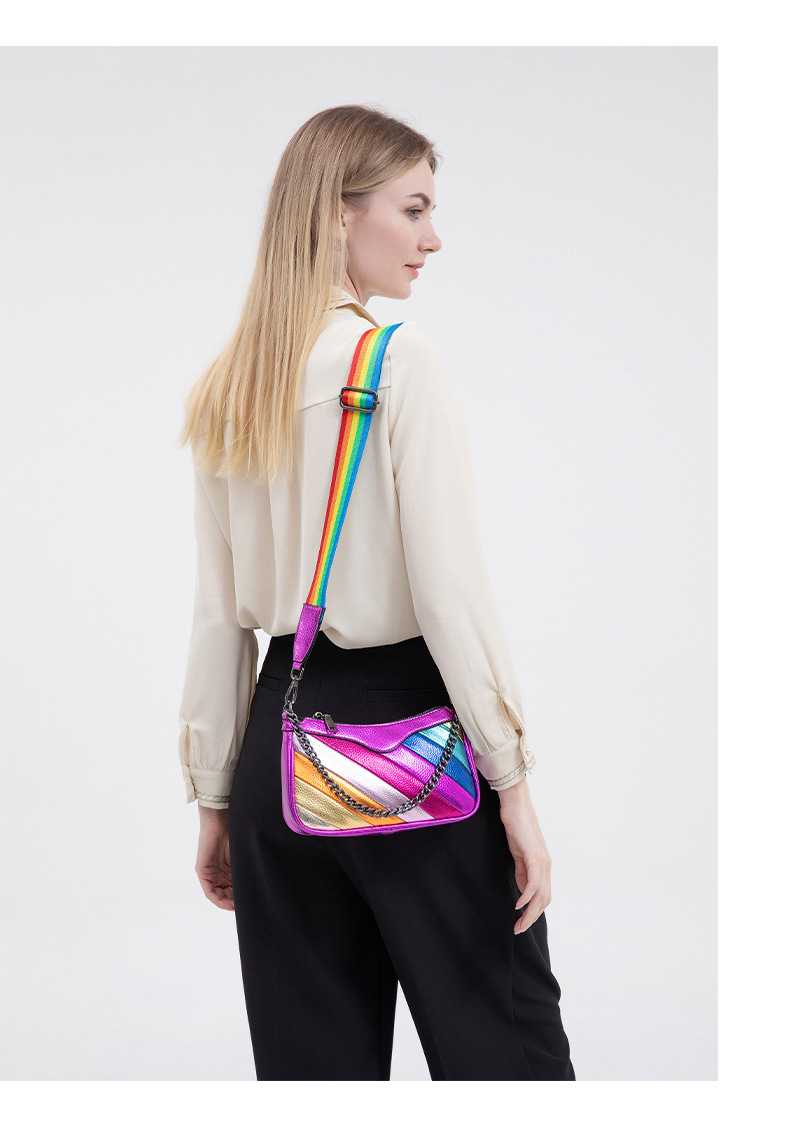 Women's Color Blocking Splicing Wide Chain Crossbody Bag Ladies PU Rainbow Handbag Ins Niche Design Adult Girls Shoulder Bag
