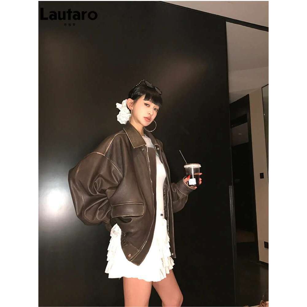 Lautaro Spring Autumn Cool Handsome Retro Oversized Distressed Brown Soft Faux Leather Jackets for Women Zipper Runway Fashion