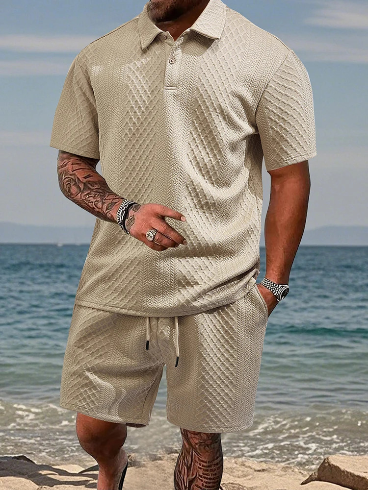 2025 Summer Casual Mens Two Piece Sets Fashion Button Lapel Short Sleeve Polo Shirt And Shorts Outfits Men Vintage Texture Suits 250522