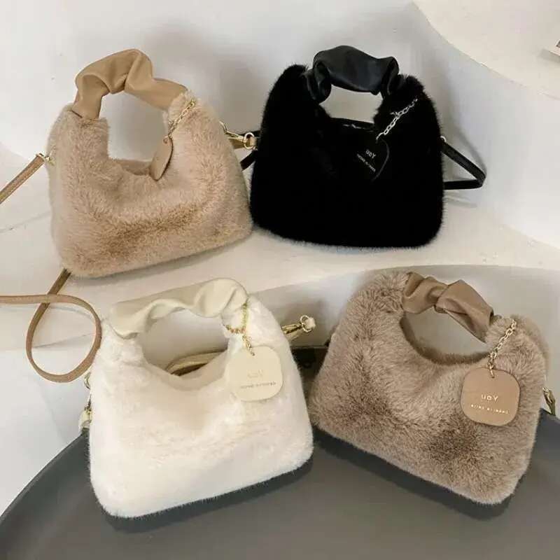 Faux Fur Plush Handbags Ruched Handle Small Lady Shoulder Crossbody Bag Casual Tote Half-Moon Hobos Winter Bags for Women