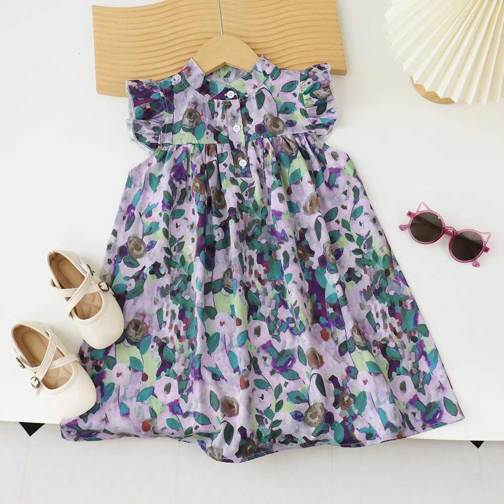 Girls Dress 2024 Summer New Girls Round Neck Flower Print Flying Sleeve Dress Fashion Childrens Print Dress X250528